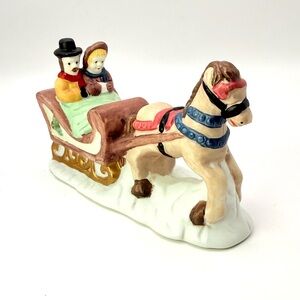 Vintage Ceramic Horse and Open Sleigh Christmas Village Figurine 2.8” x 4.8”